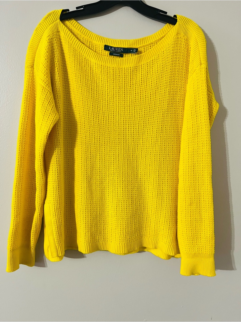 Lauren Ralph Lauren Denim Yellow Waffle Knit Boat Neck Cotton Sweater‎ Women's M